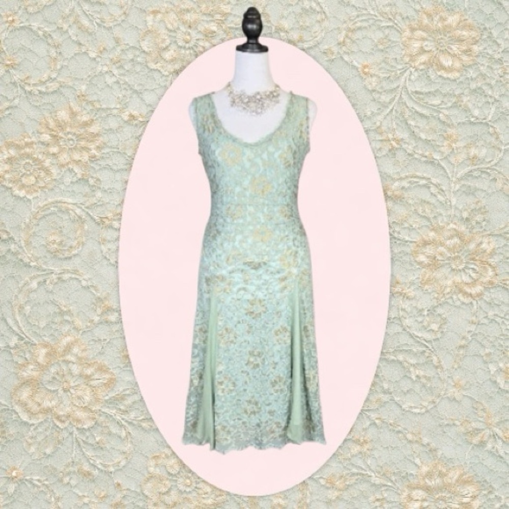 Vintage Heart Moon Star Retro 90s Blue Mint Gold Metallic Lace Midi Dress Size L